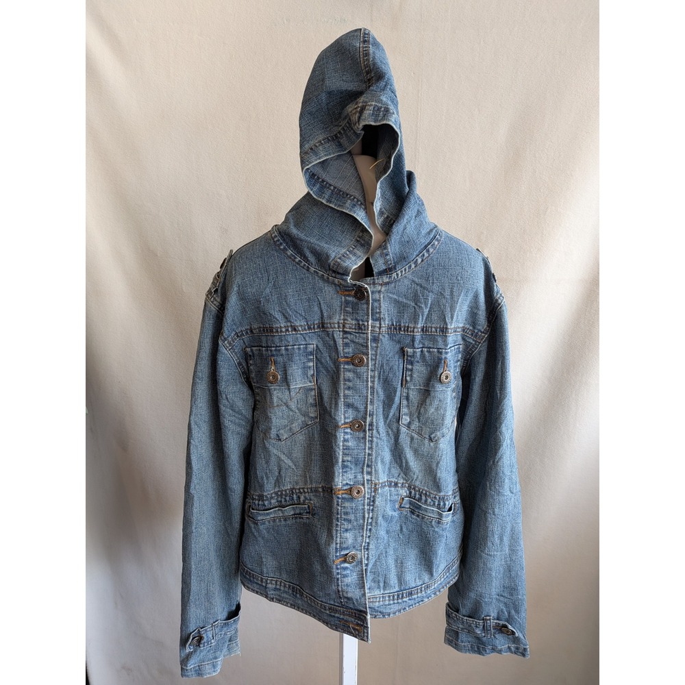 Vintage Blue Hooded Denim Jacket Button Up Utility Trucker Coat Medium Wash